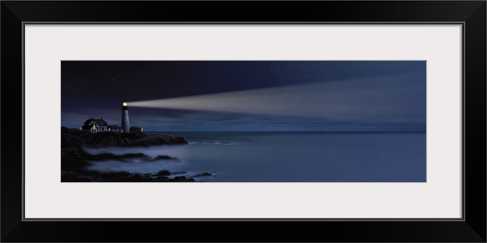 Digital art painting of a lighthouse shining over the sea.