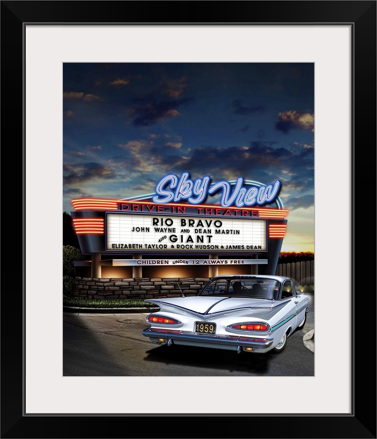 Digital art painting of the Sky View drive-in theater playing Rio Bravo and Giant, with a classic white car filing into th...