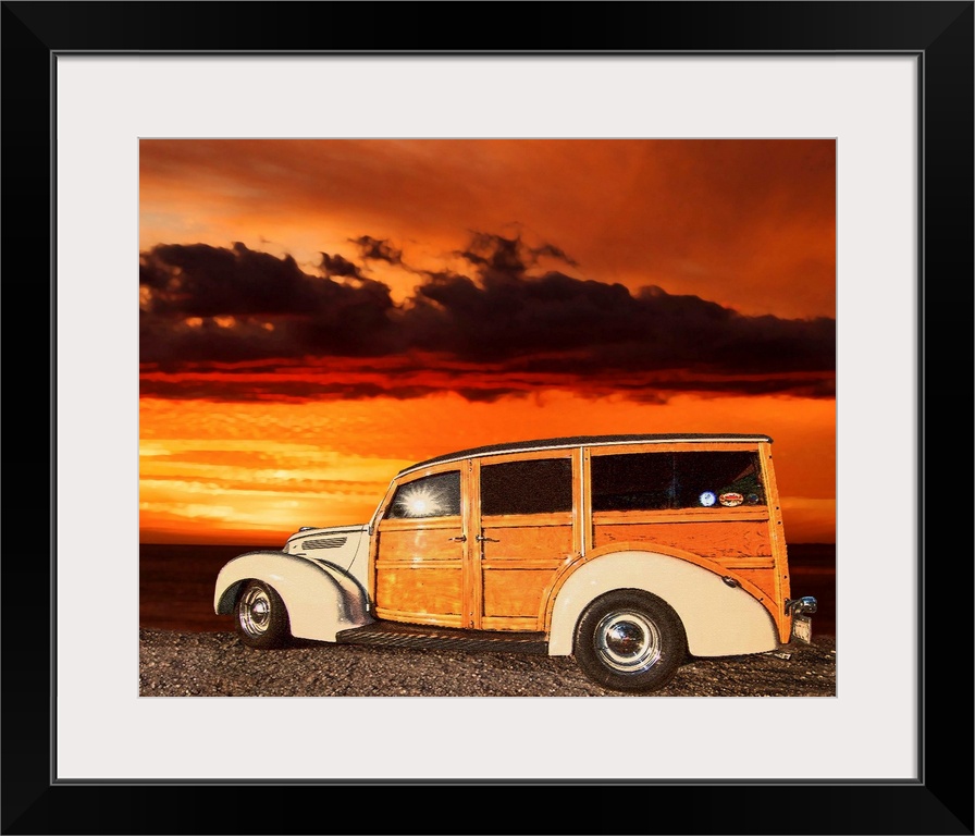 Digital art painting of a tan Woody style car with a beautiful background sky.