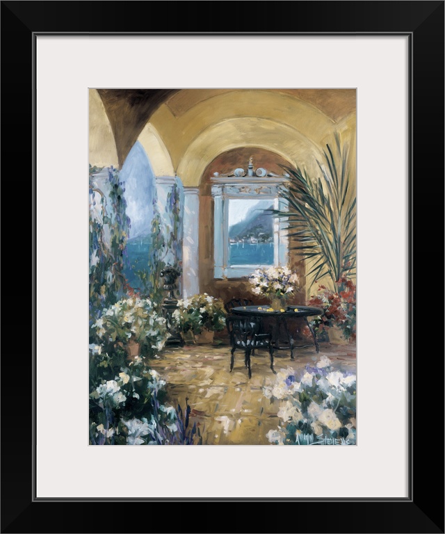 Fine art oil painting landscape of an Italian courtyard terrace with flowering plants and a table for two by Allayn Stevens.
