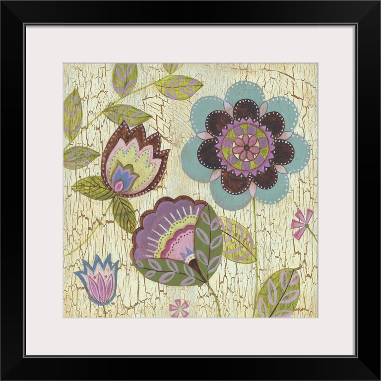 Contemporary decor of geometric blossoms, blooms, buds and leaves against a neutral distressed background.