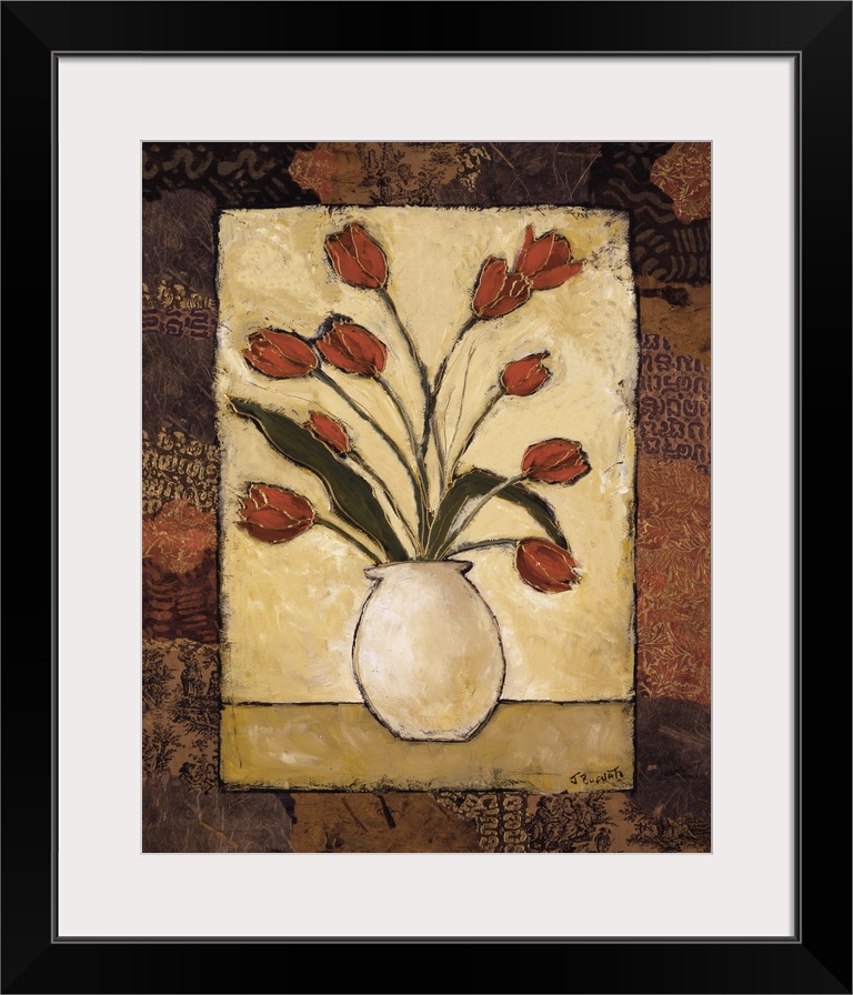 Contemporary painting of a bouquet of red tulips over a light background surrounded by a patterned border.