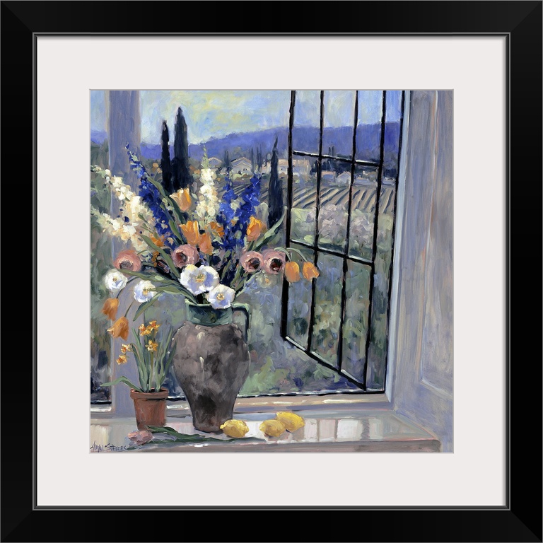 Contemporary landscape painting of a flower filled vase sitting by an open window looking out over the Tuscan hillside.