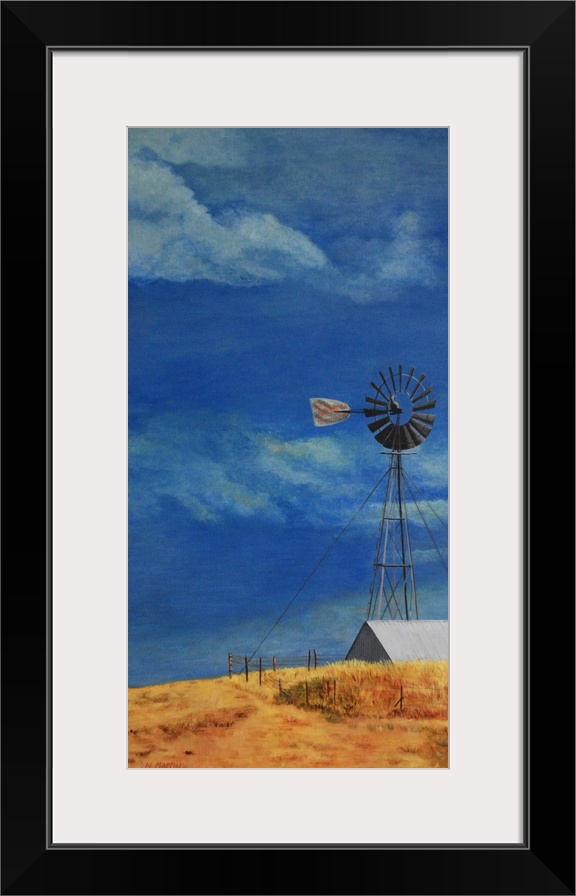 Painting of a windmill on a farm against a blue sky.