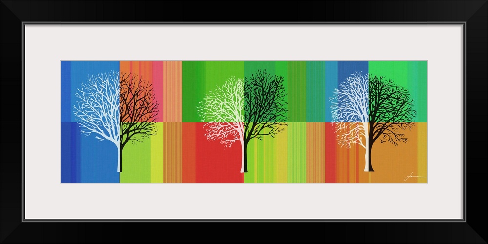 An abstract tree silhouette on a brightly colored striped background.