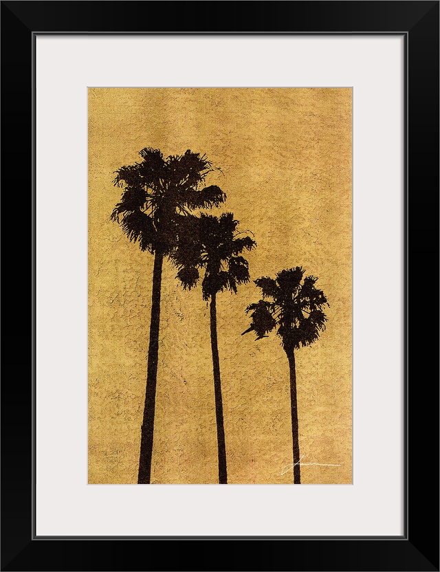 Tropical palm tree silhouettes on a gold background.