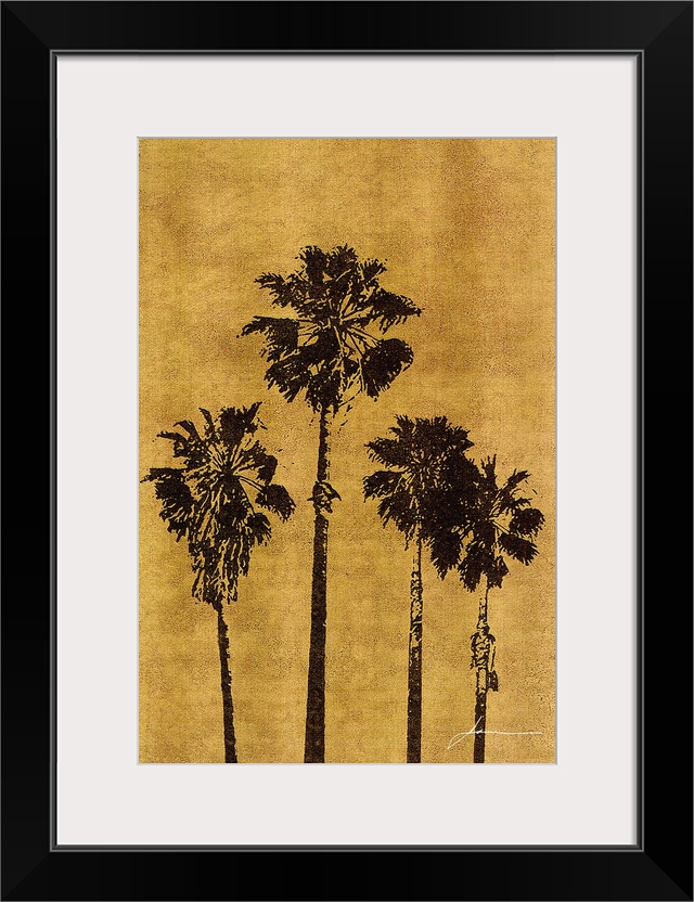 Tropical palm tree silhouettes on a gold background.