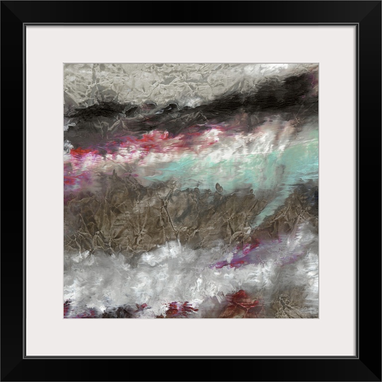 A smokey painted sky with pops of jewel toned color racing in the wind
