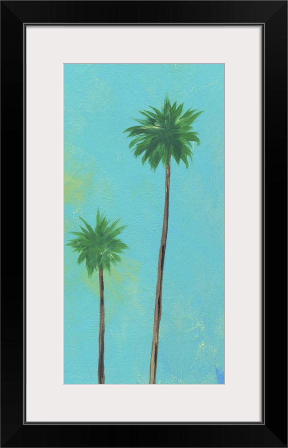 Contemporary artwork of two tall palm trees with thin trunks against a blue background.