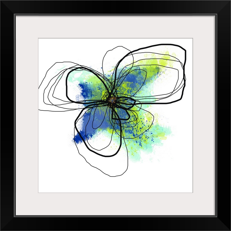 Square abstract painting on canvas of the outline of a flower with various colored paint splashed in the middle of it.