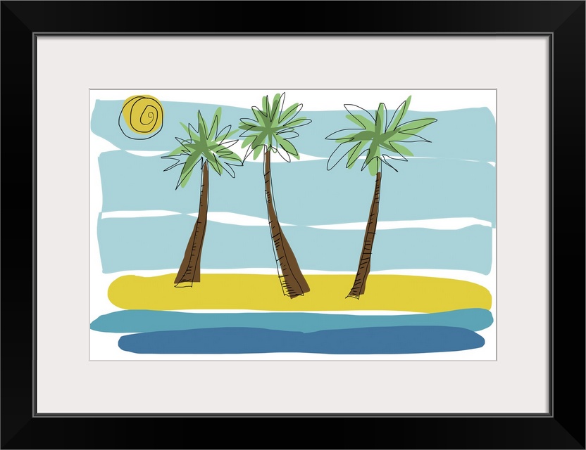 Going to the beach with this bright palm tree landscape. Sand and surf meet with three palms. This image would look great ...