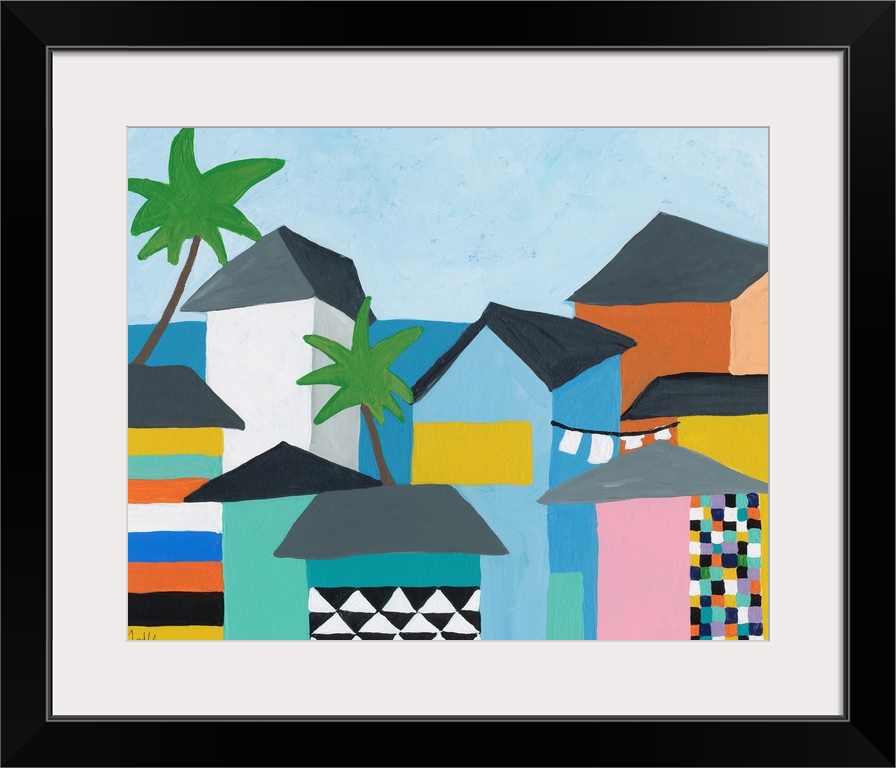 Contemporary painting featuring several colorful houses on the coast, with the ocean and palm trees.