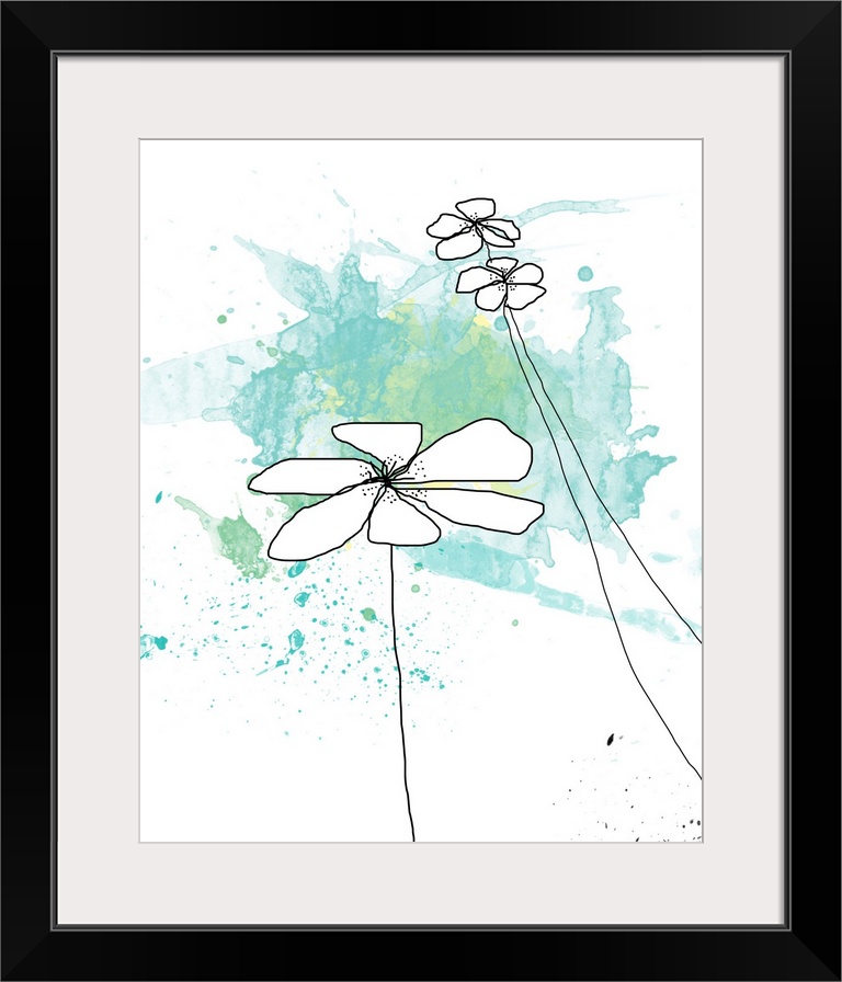 Giant contemporary art includes a group of three outlined flowers with minimal detail sitting in front of a background tha...