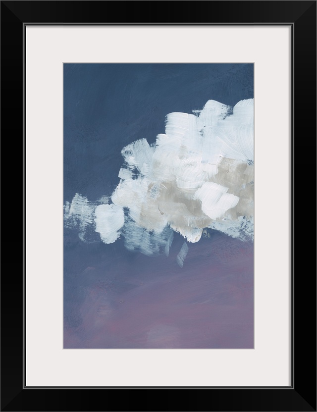 Contemporary artwork of fluffy white clouds against a gradated indigo background.