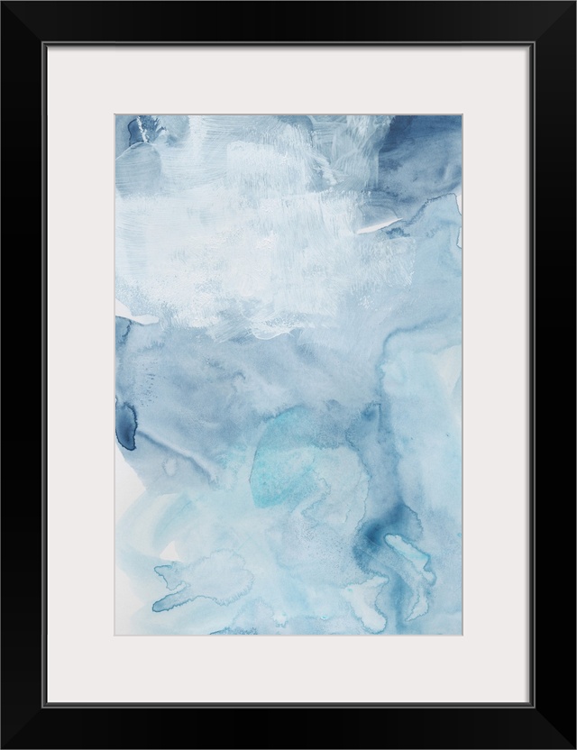 Contemporary artwork featuring watercolor droplets and brush strokes to create a cloudscape in shades of blue.