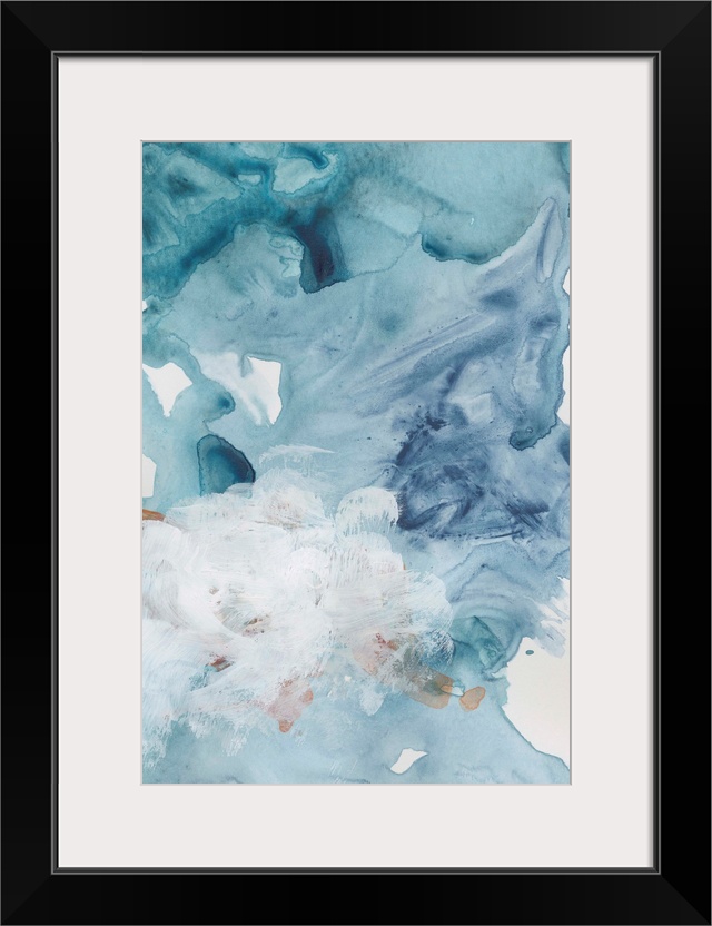 Contemporary artwork featuring watercolor droplets and brush strokes to create a cloudscape in shades of blue.