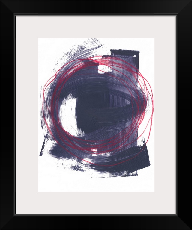 Abstract painting of multiple red circles intertwining, with strokes of paint in dark purple on the white background.