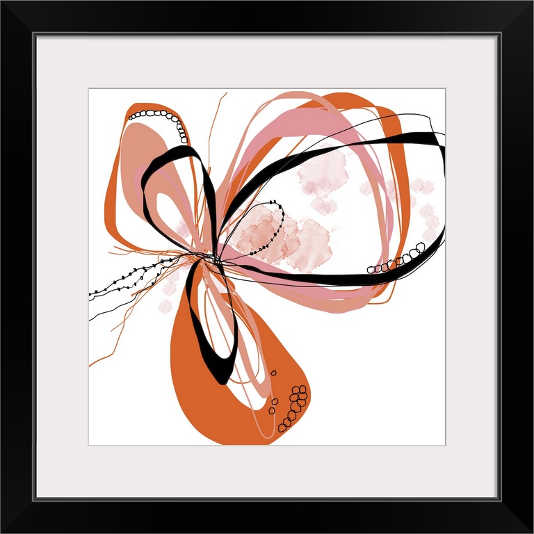 a bright floral with flowing lines of intertwined colors like coral, pink, orange and black.