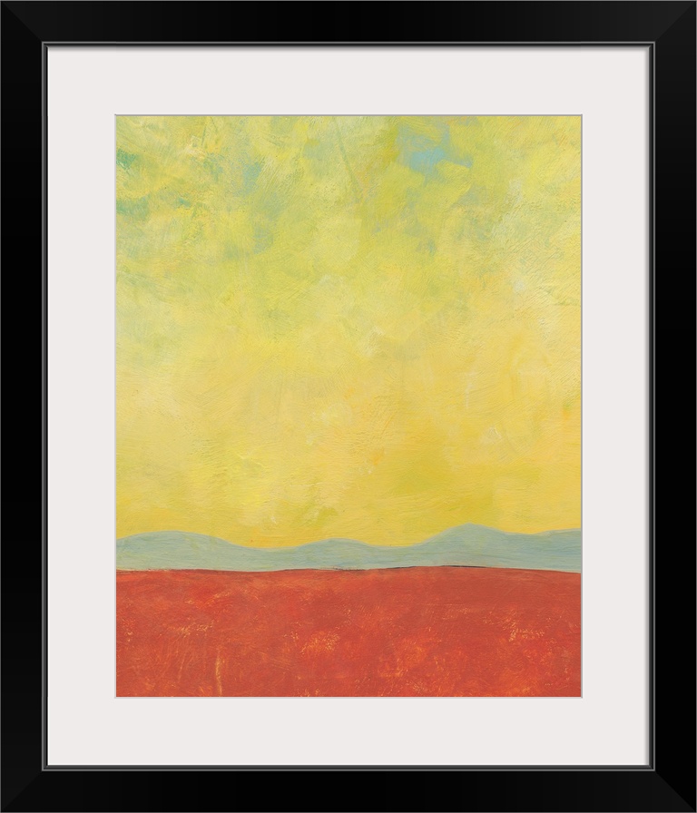 This minimalist landscape offers a lonely view of a desert with it's red sand and soft hills in the background. The sky gl...