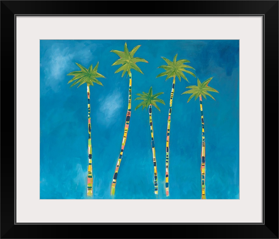 A contemporary painting of a group of palm trees with multi-colored tree trunks and bright green leaves against of brillia...