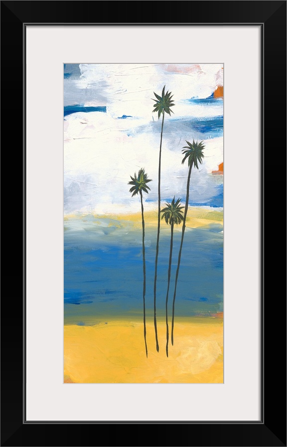 Contemporary artwork of four slender palm trees on the beach with white clouds in the distance.