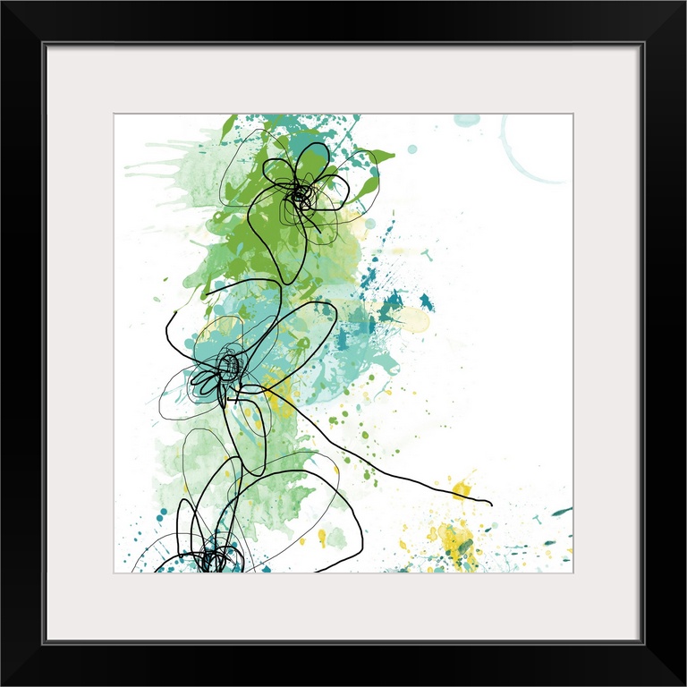Big abstract floral art illustrated through lots of paint splashes and curved lines to represent the flowers.