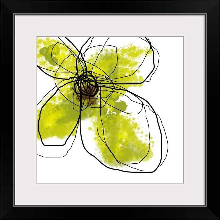 Oversized, contemporary, square wall hanging of large, splotchy green flower surrounded by scribbled dark lines on a solid...