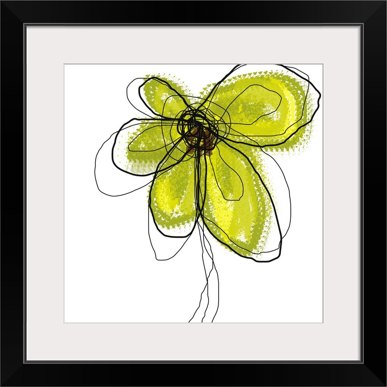 This contemporary art work depicts a blossom created with digital brushstrokes on a square shaped wall hanging.