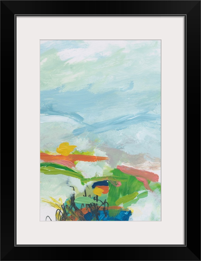 Abstract landscape painting in green, orange, and pale blue.