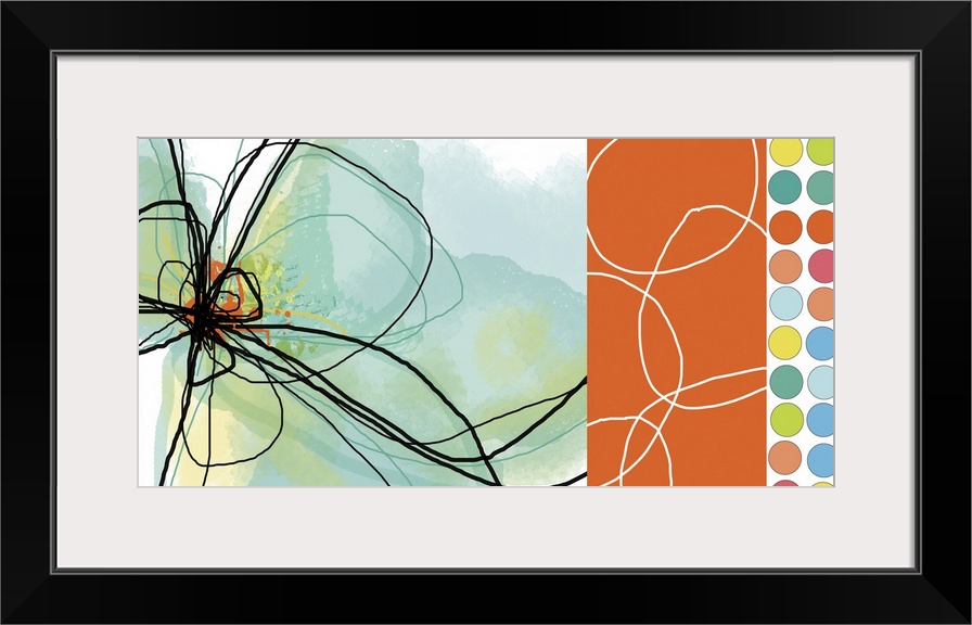 Abstract canvas print of the outline of a flower on the left and multicolored polka dots on the right.