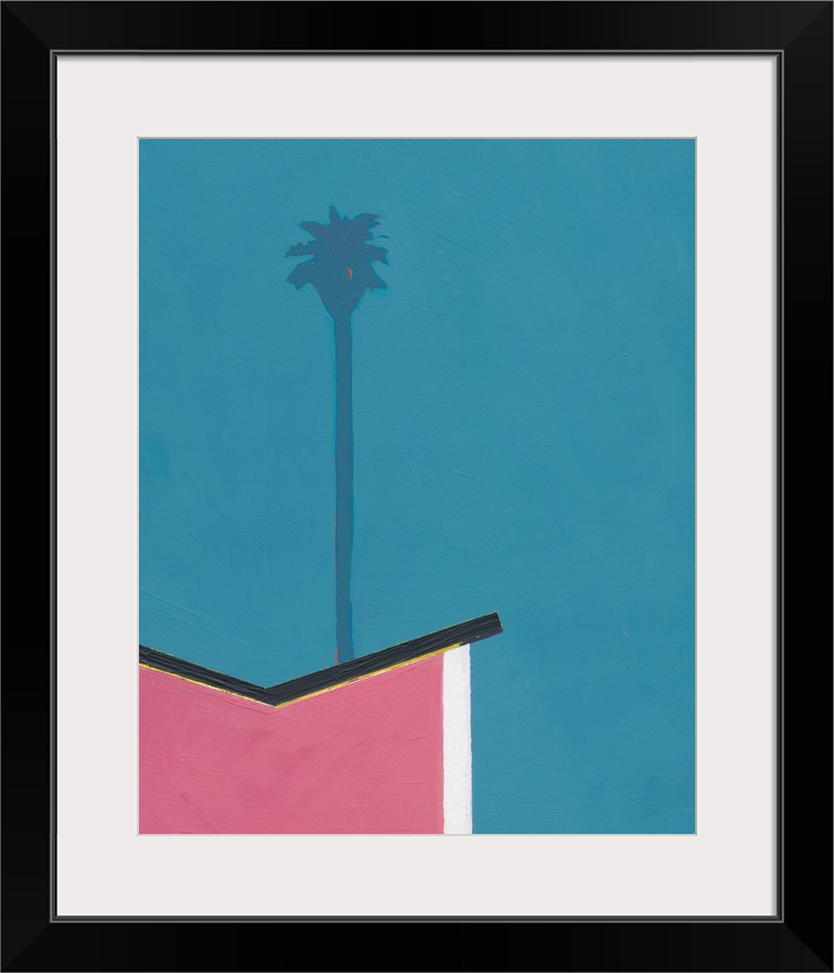 Modern painting of an angled rooftop with a single palm tree rising above it, on a blue background.