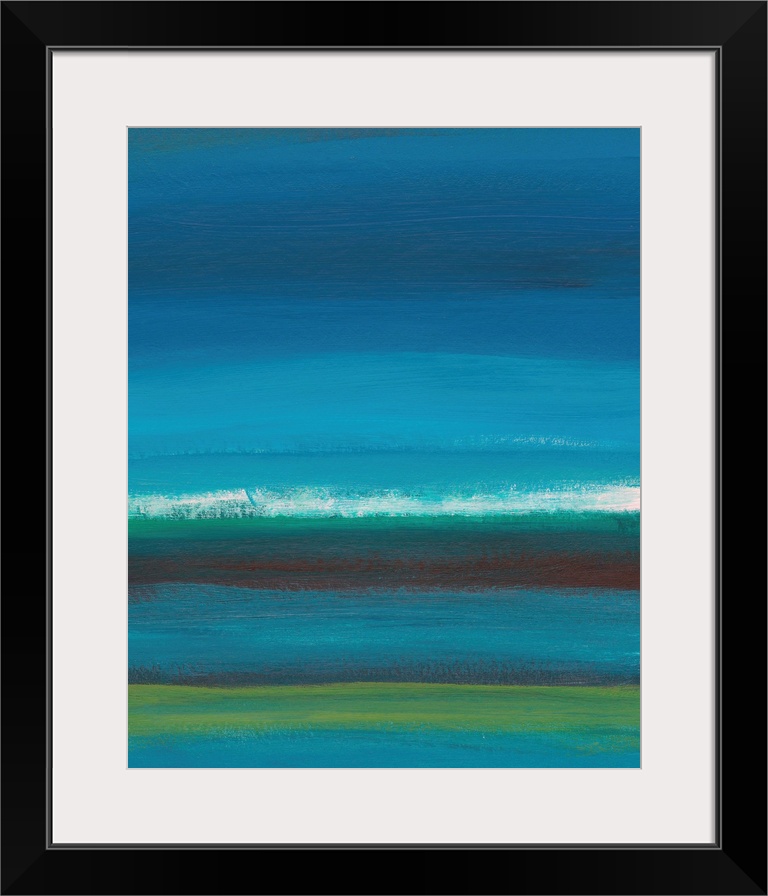 Contemporary abstract artwork resembling an ocean horizon at night, with bands of color.