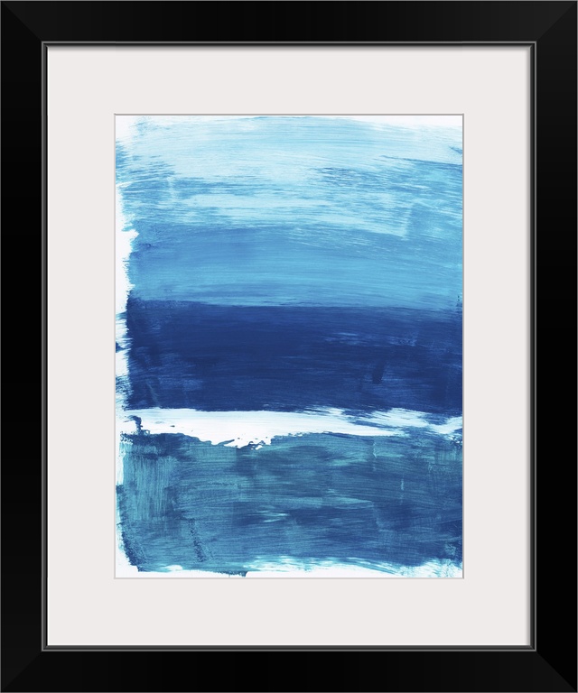Vertical abstract landscape painting of an ocean using horizontal, broad brush strokes in blue and white.