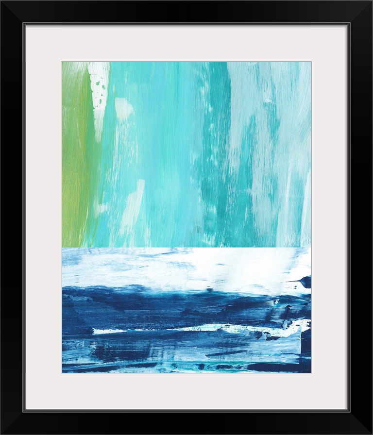 Abstract landscape painting of an ocean using vertical and horizontal broad brush strokes in blue.