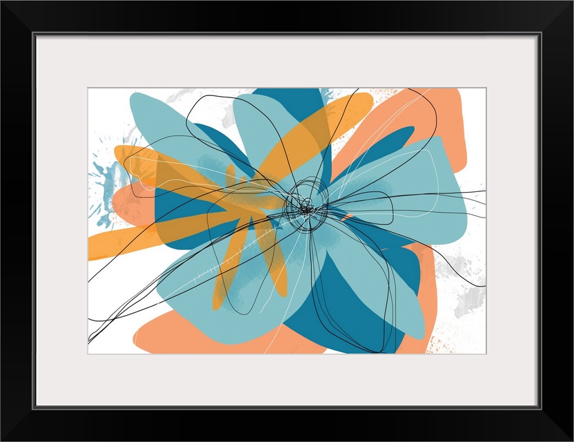 A contemporary abstract of a flower with different shades of teal and orange  with squiggly black lines outlining the peta...