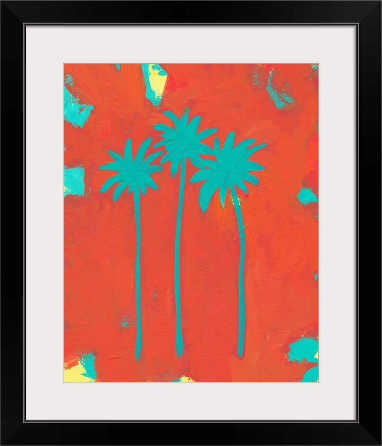 Tropical contemporary painting of three turquoise palm trees on a bright red background.