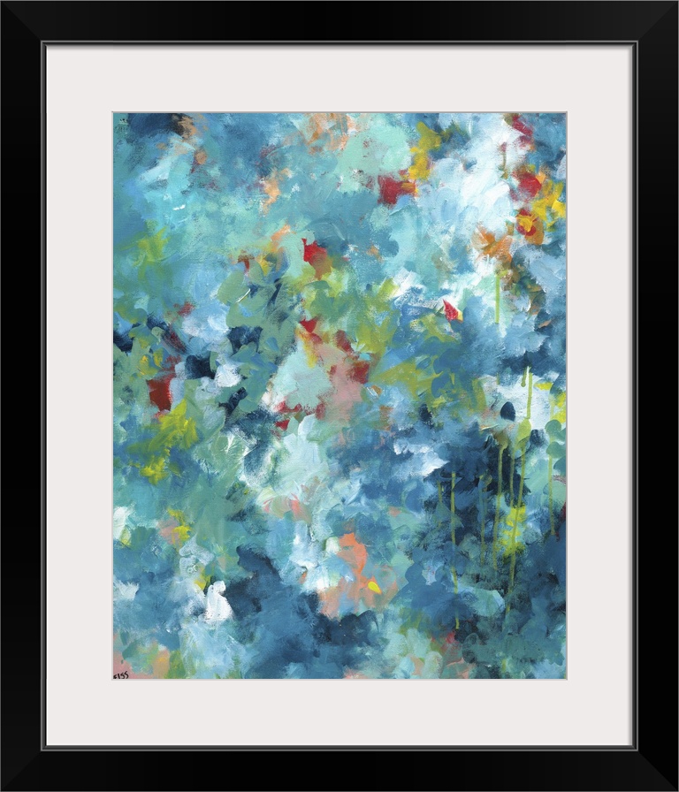 Abstract contemporary painting in teal and green tones, reminiscent of the tones found in a tropical forest.