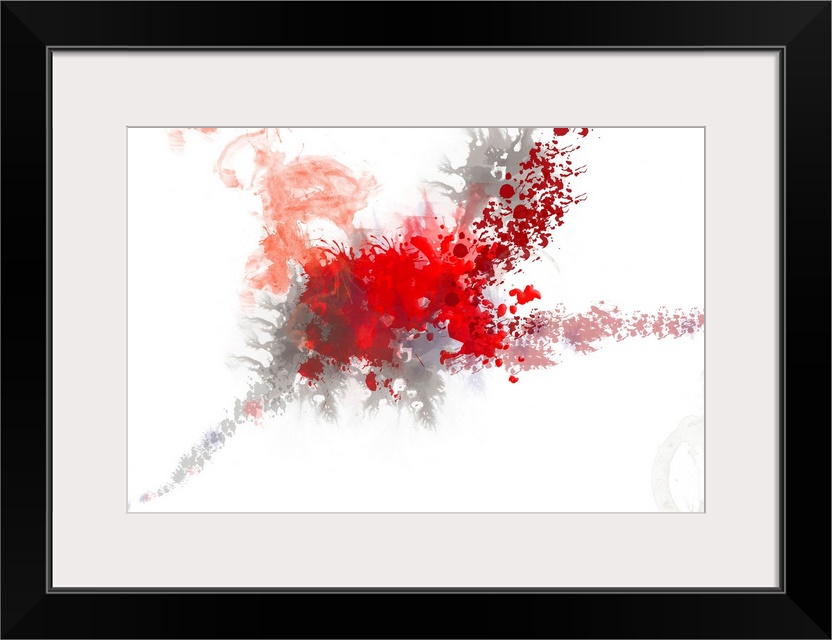 Digital abstract wall art with exploding warm splotches on a blank background.