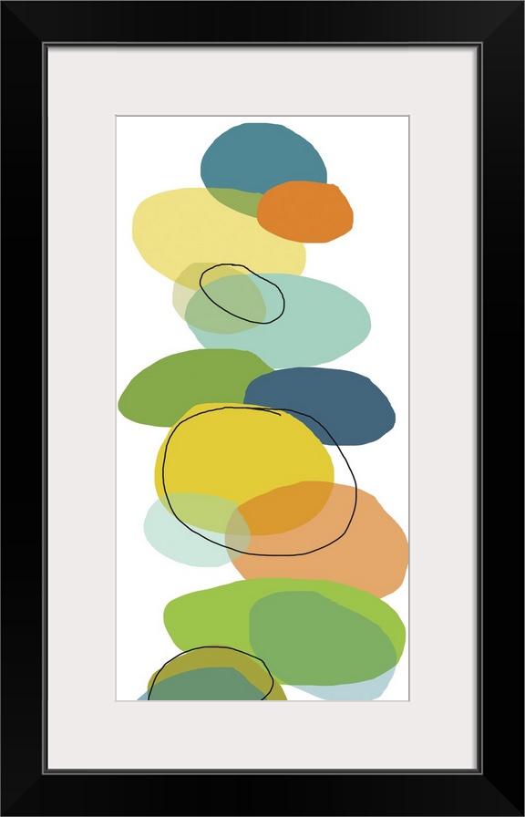 Vertical, oversized contemporary artwork of multi-colored circular shapes resembling rocks that have fallen on each other ...