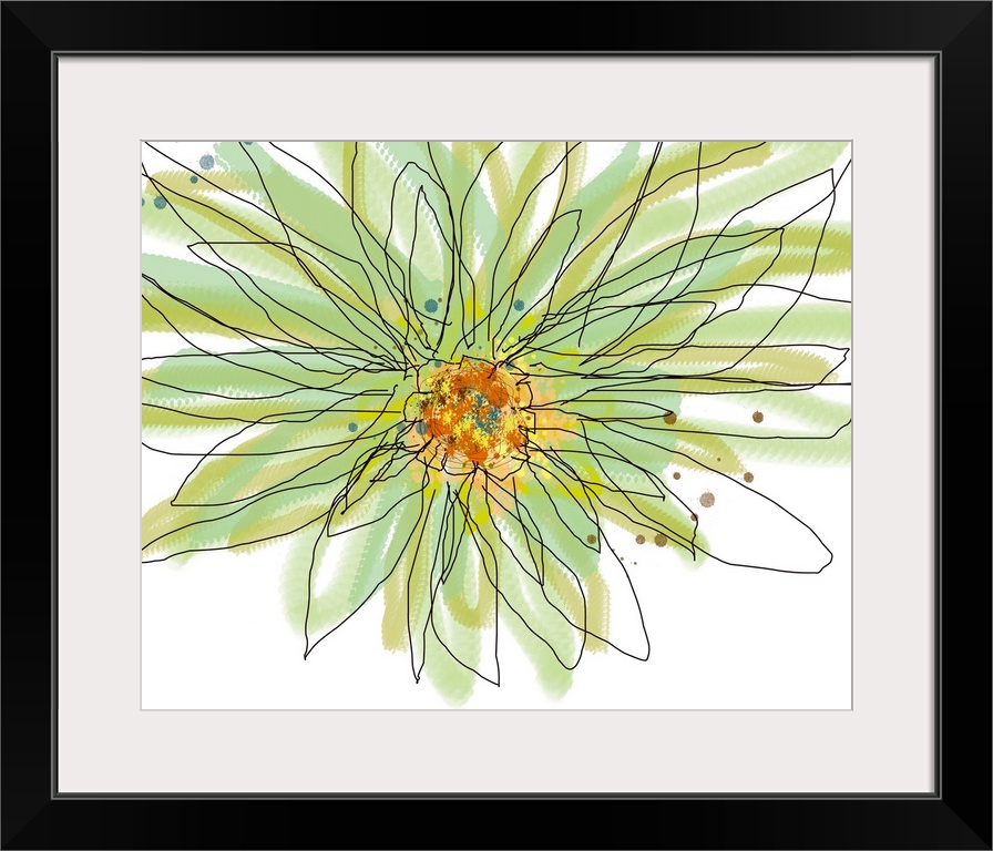 Big contemporary art illustration of a summer gerbera set in soft and cool tones.  Artist separates the outlines of leaves...