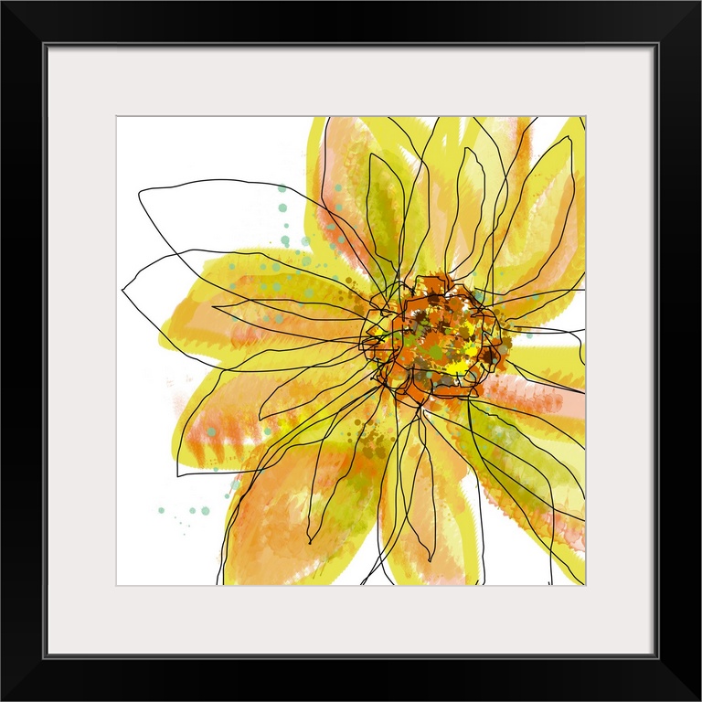 Digital painting of a flower on square shaped wall art. The floweros shape is defined by gestural line art while the petal...