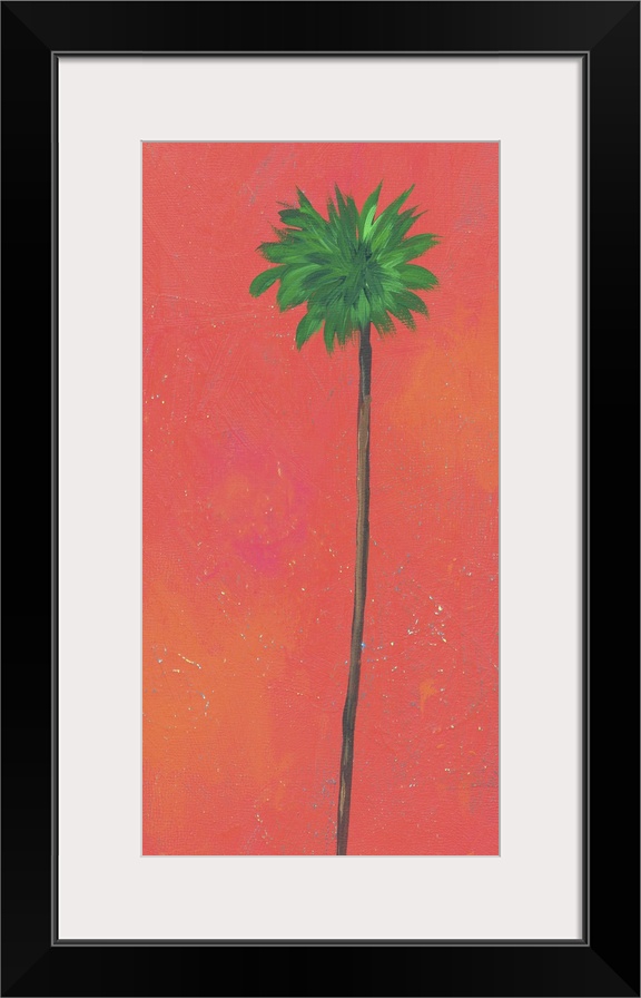 Contemporary artwork of a tall palm tree with a thin trunk against a red background.