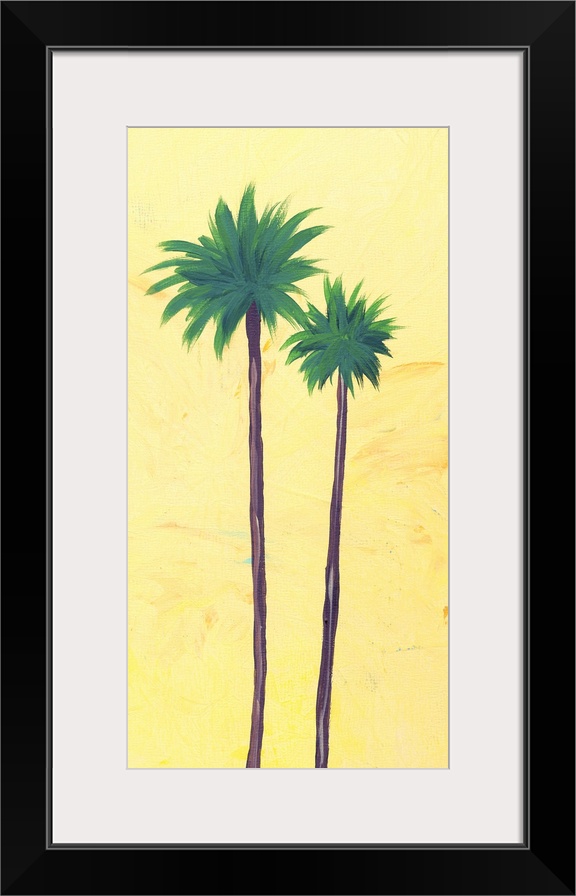 Contemporary artwork of two tall palm trees with thin trunks against a yellow background.