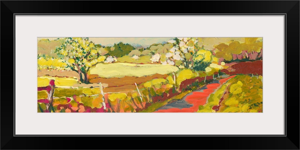 A panoramic piece of artwork that displays a road in the countryside.  The fence and large tree in the foreground help bri...