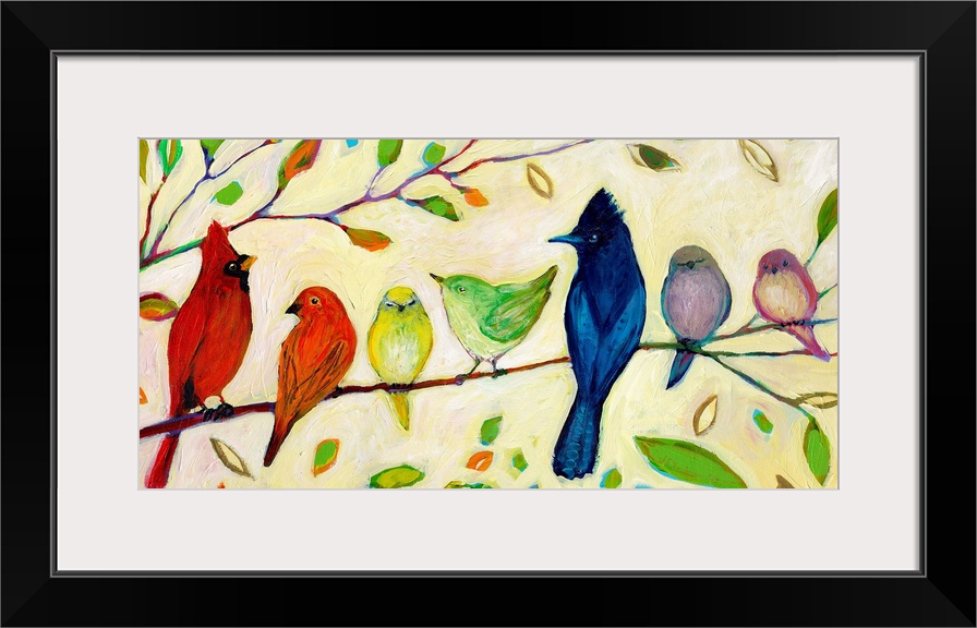 Seven birds that chromatically shift from warm to cool colors sitting on a tree branch in this decorative accent artwork f...