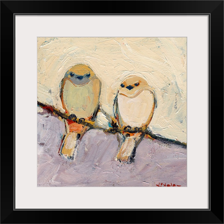 This is a square shaped canvas is a painting of two birds sitting together on a branch.