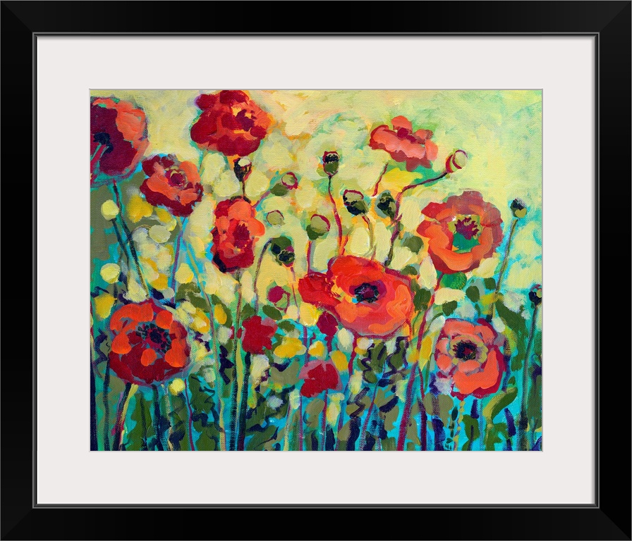 Close up of poppy flowers and leaves with bold impressionistic brush strokes.