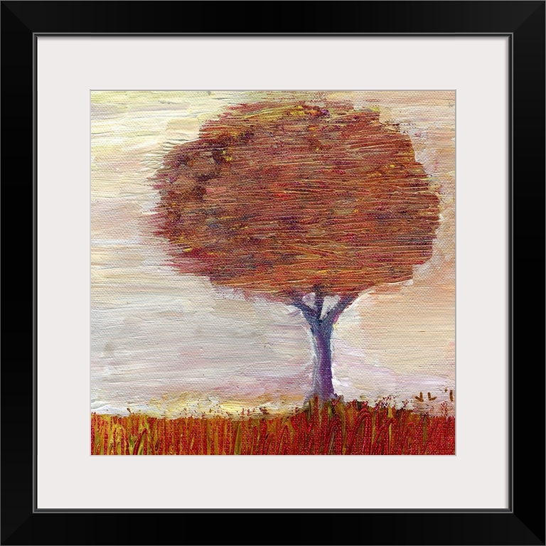 Painting of large tree covered in fall leaves.