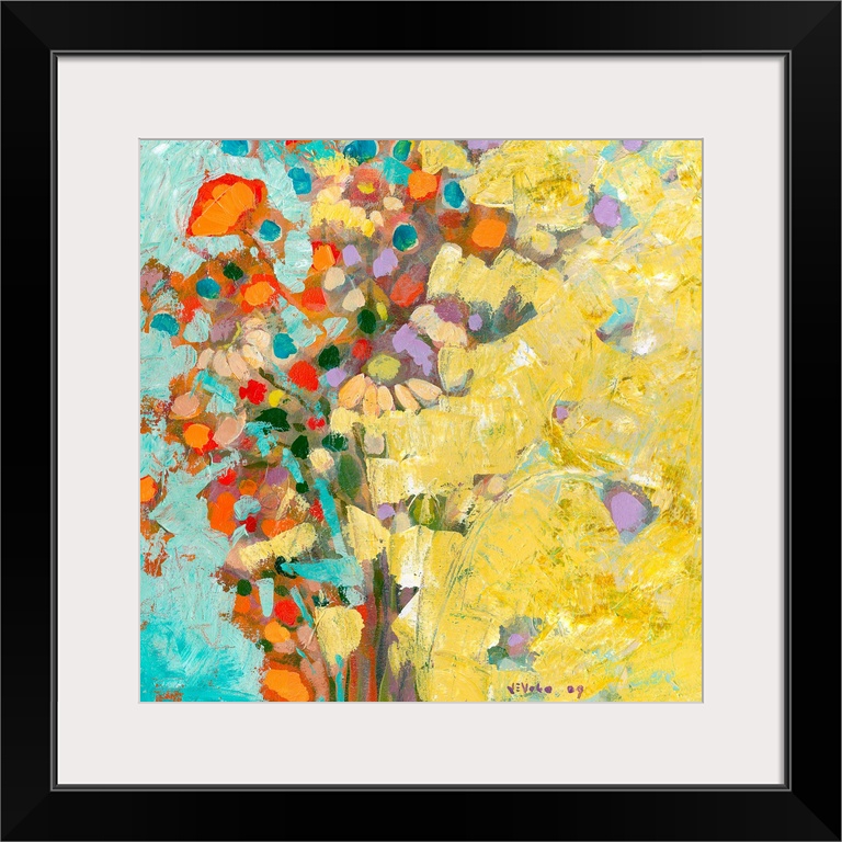 Square painting of an abstract bouquet of flowers.