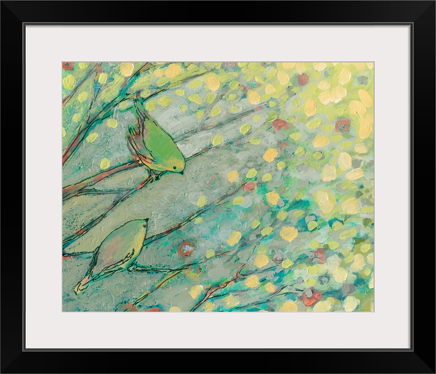Pastel colored abstract painting of birds on branches with tree leaves hanging above.